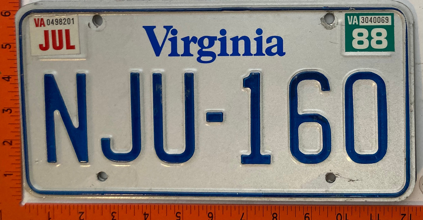 1988 Virginia #NJU-160 Passenger License Plate