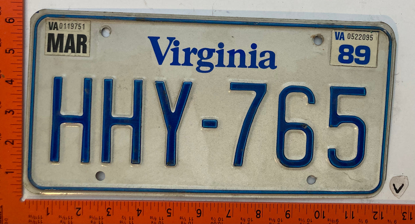 1989 Virginia #HHY-765 Passenger License Plate