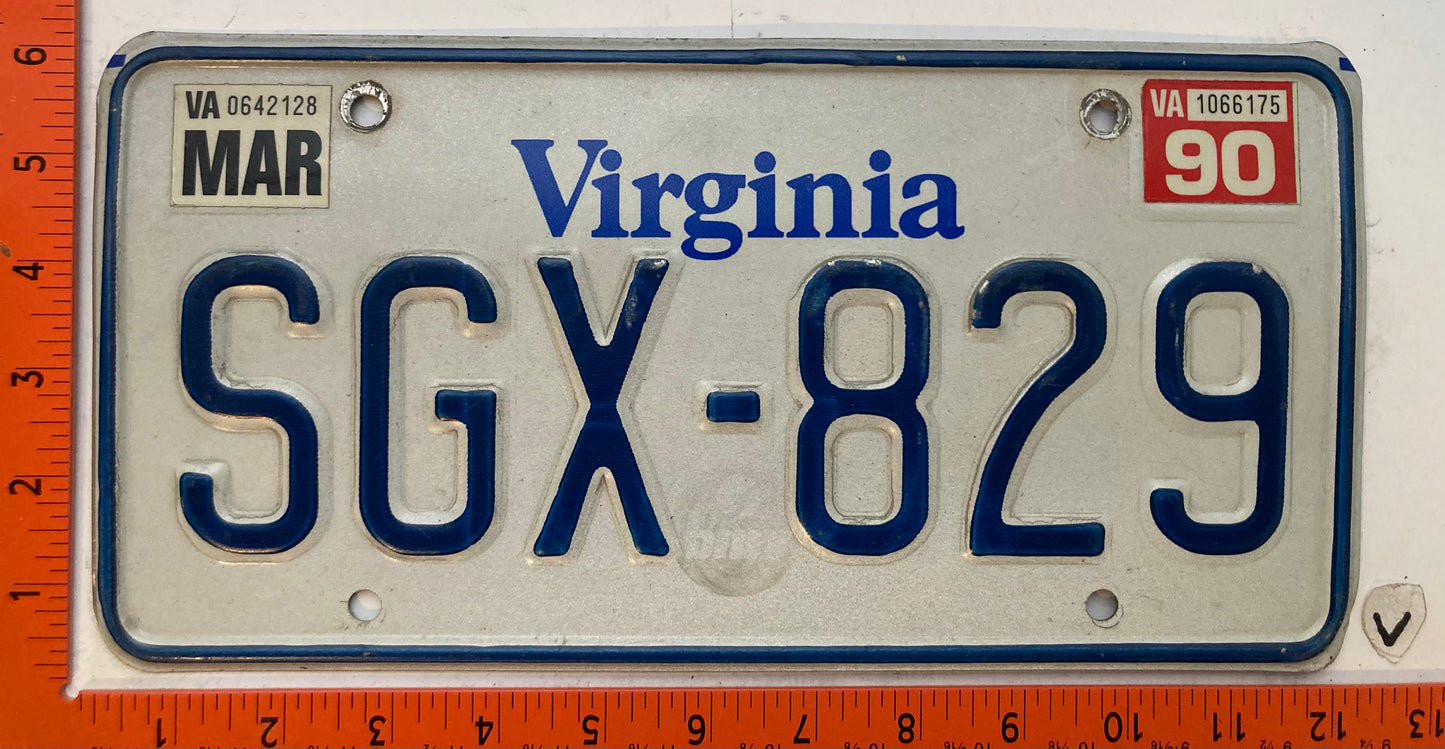 1990 Virginia #SGX-829 Passenger License Plate