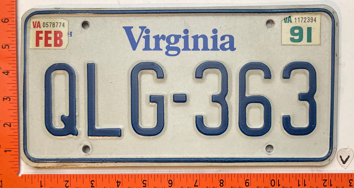 1991 Virginia #QLG-363 Passenger License Plate