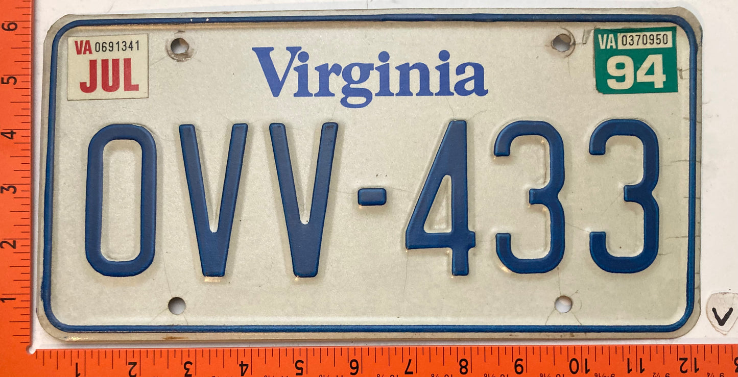 1994 Virginia #OVV-433 Passenger License Plate