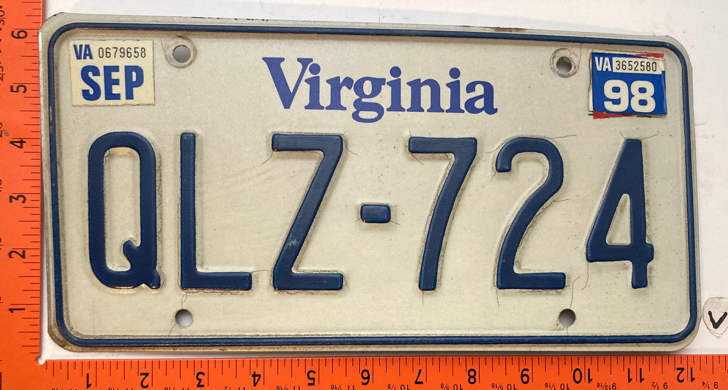 1998 Virginia #QLZ-724 Passenger License Plate