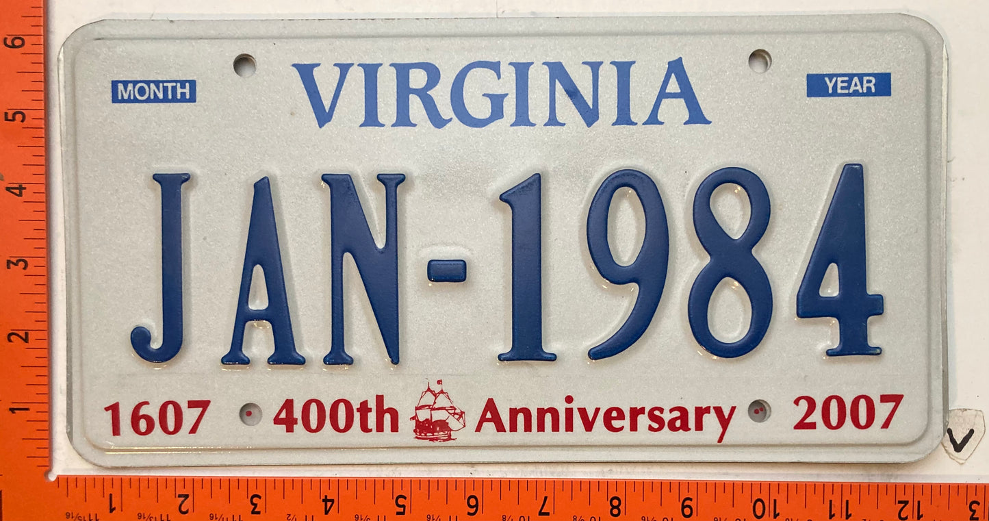 2007 Virginia #JAN-1984 Passenger License Plate