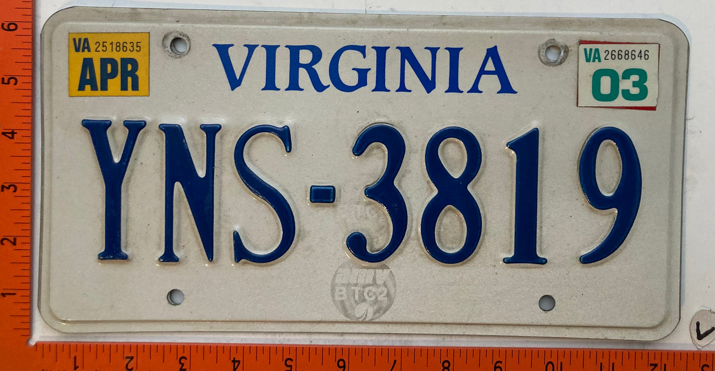2003 Virginia #YNS-3819 Passenger License Plate