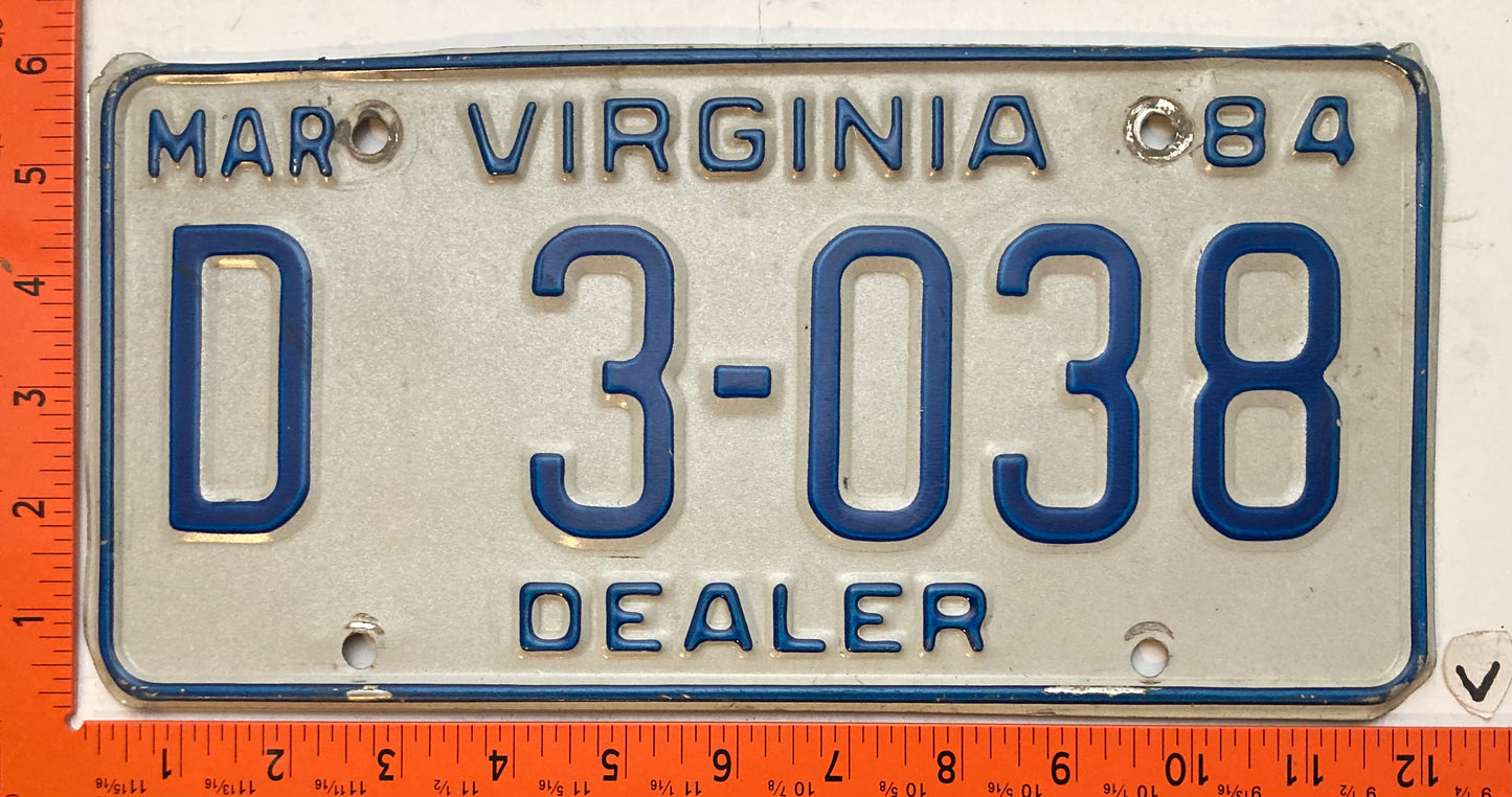 1984 Virginia #D3-038 Dealer License Plate