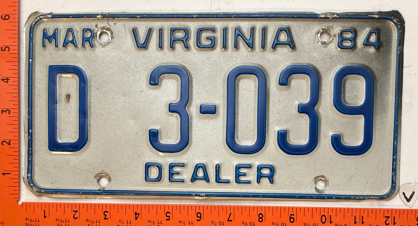 1984 Virginia #D3-039 Dealer License Plate