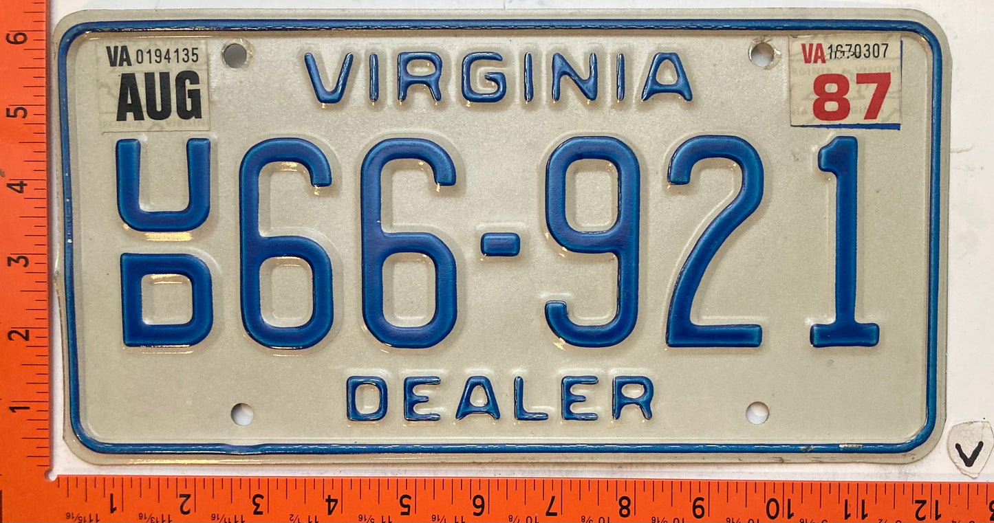 1987 Virginia #U/D 66-921 Used Dealer License Plate