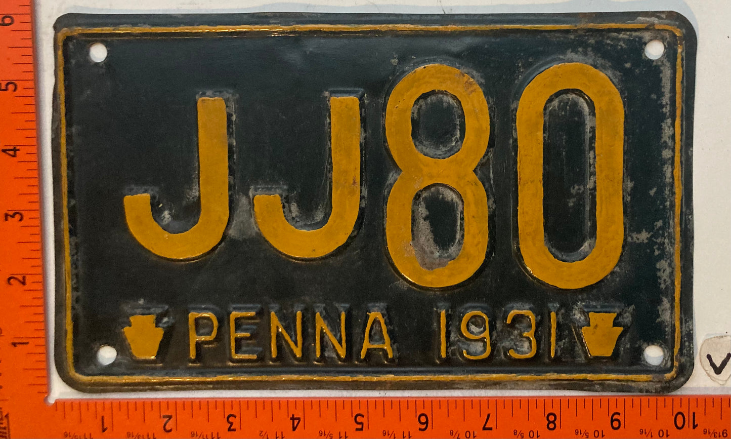 1931 Pennsylvania #JJ80 Passenger License Plate