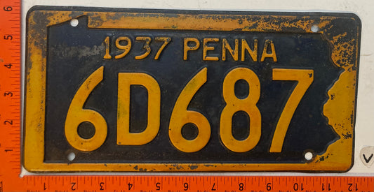 1937 Pennsylvania #6D687 Passenger License Plate