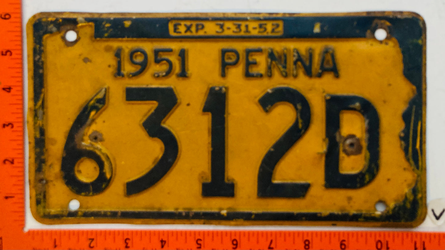 1951 Pennsylvania #6312B Passenger License Plate
