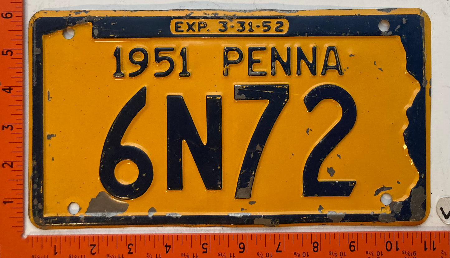 1951 Pennsylvania #6N72 Passenger License Plate