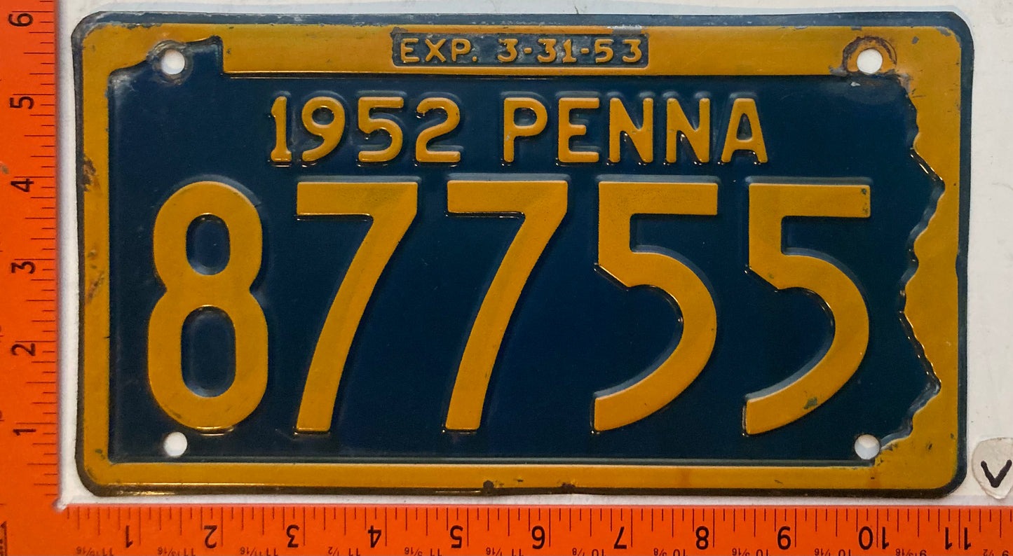 1952 Pennsylvania #87755 Passenger License Plate