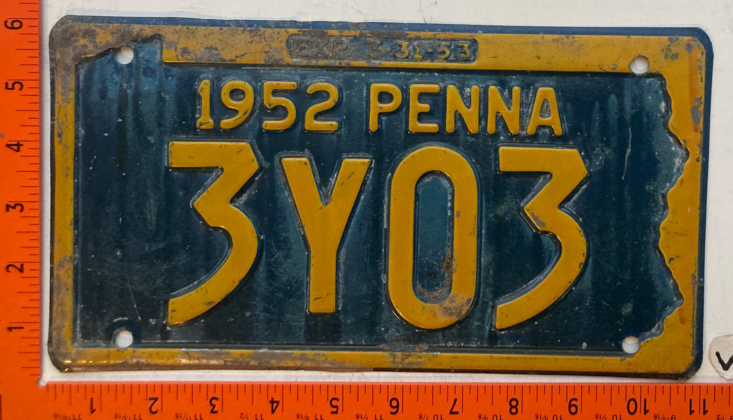 1952 Pennsylvania #3Y03 Passenger License Plate