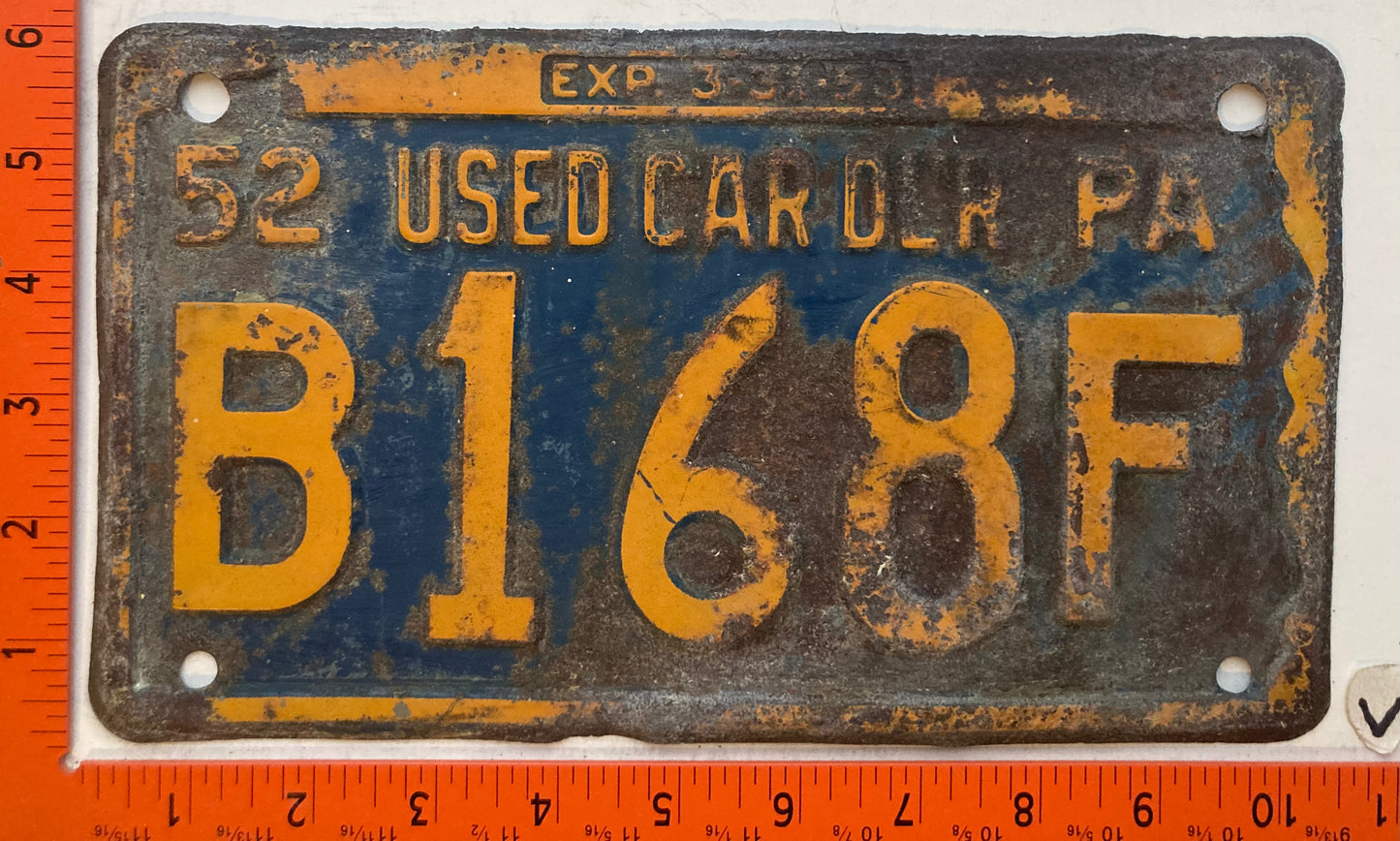 1952 Pennsylvania #B168F Used Car Dealer License Plate
