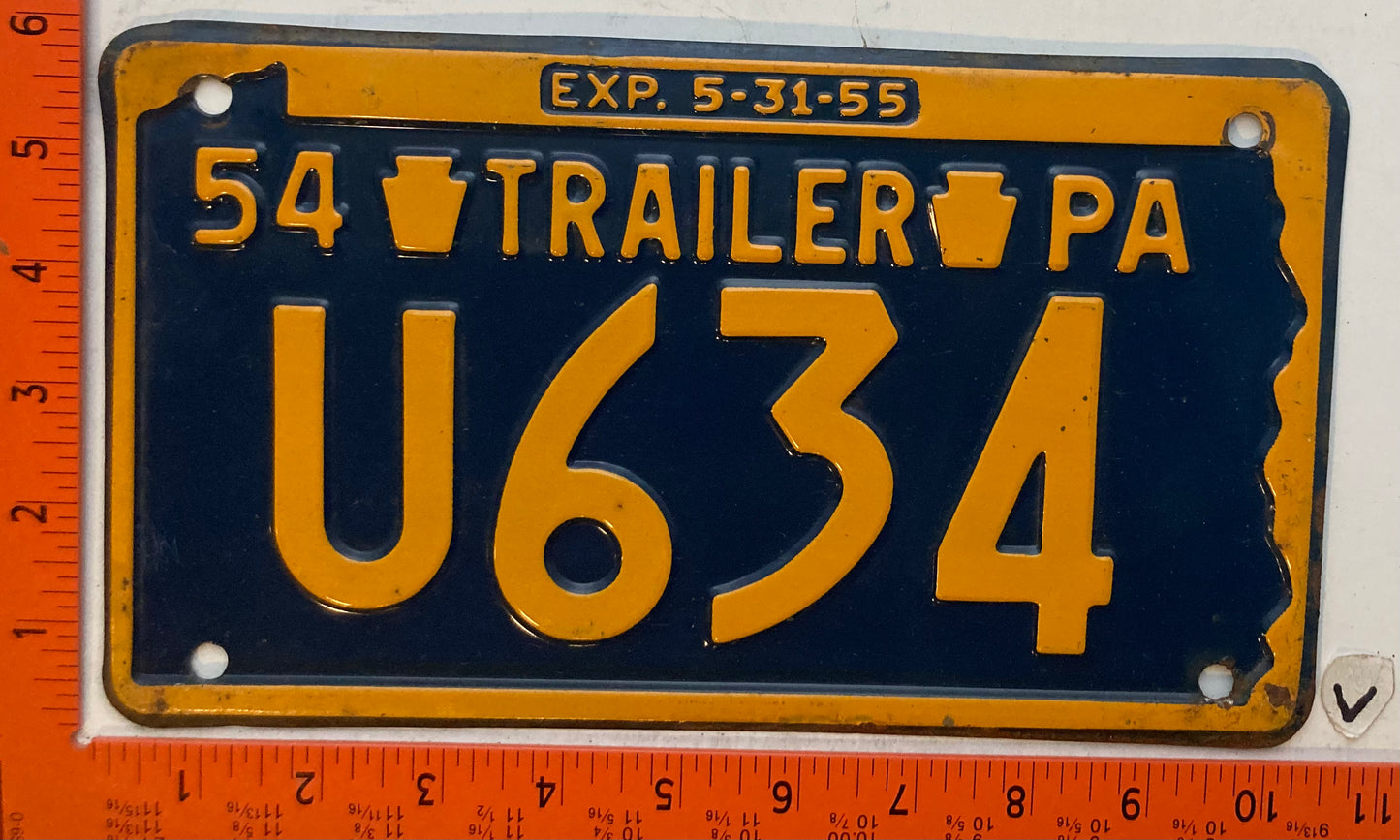 1954 Pennsylvania #U634 Trailer License Plate
