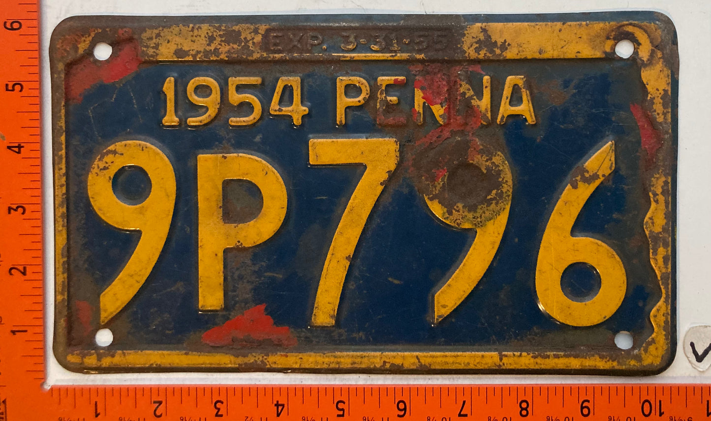 1954 Pennsylvania #9P796 Passenger License Plate