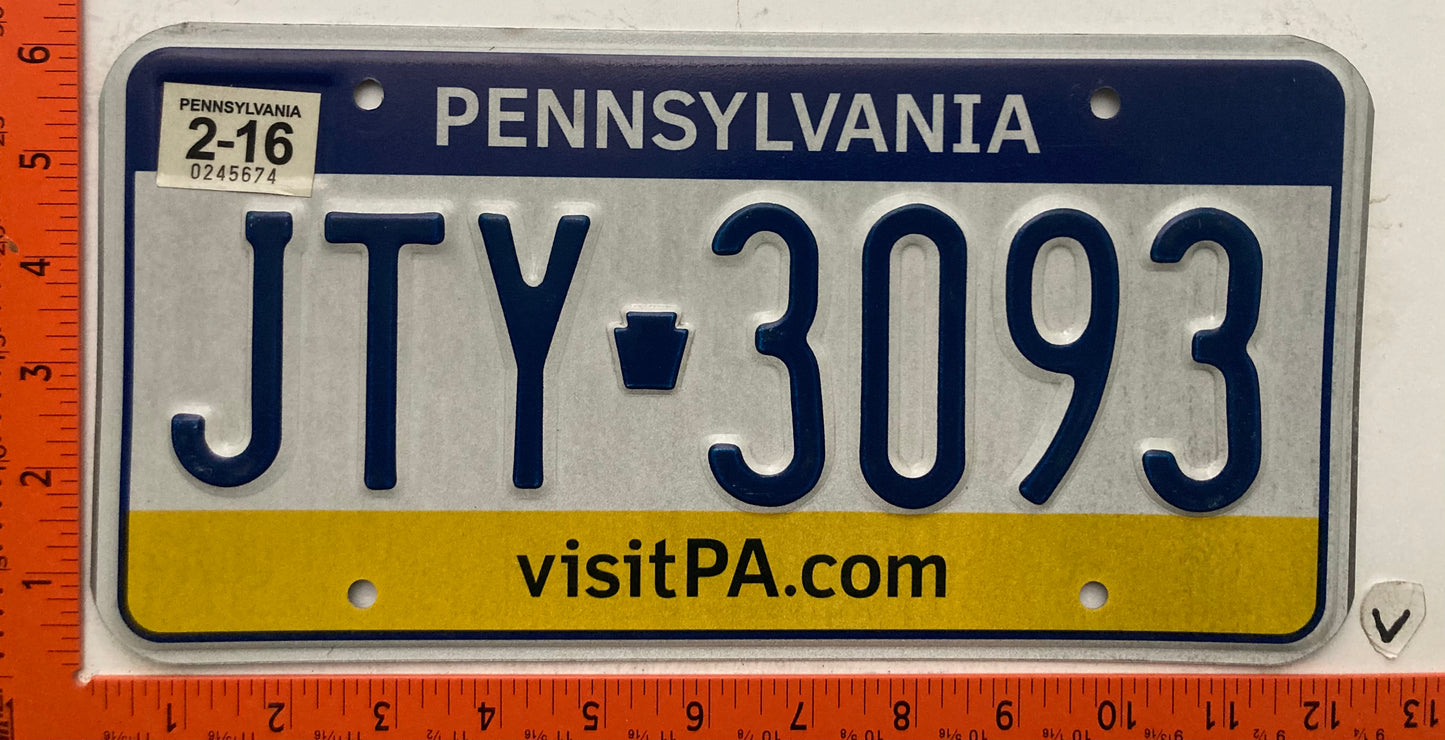 2016 Pennsylvania #JTY-3093 Passenger License Plate