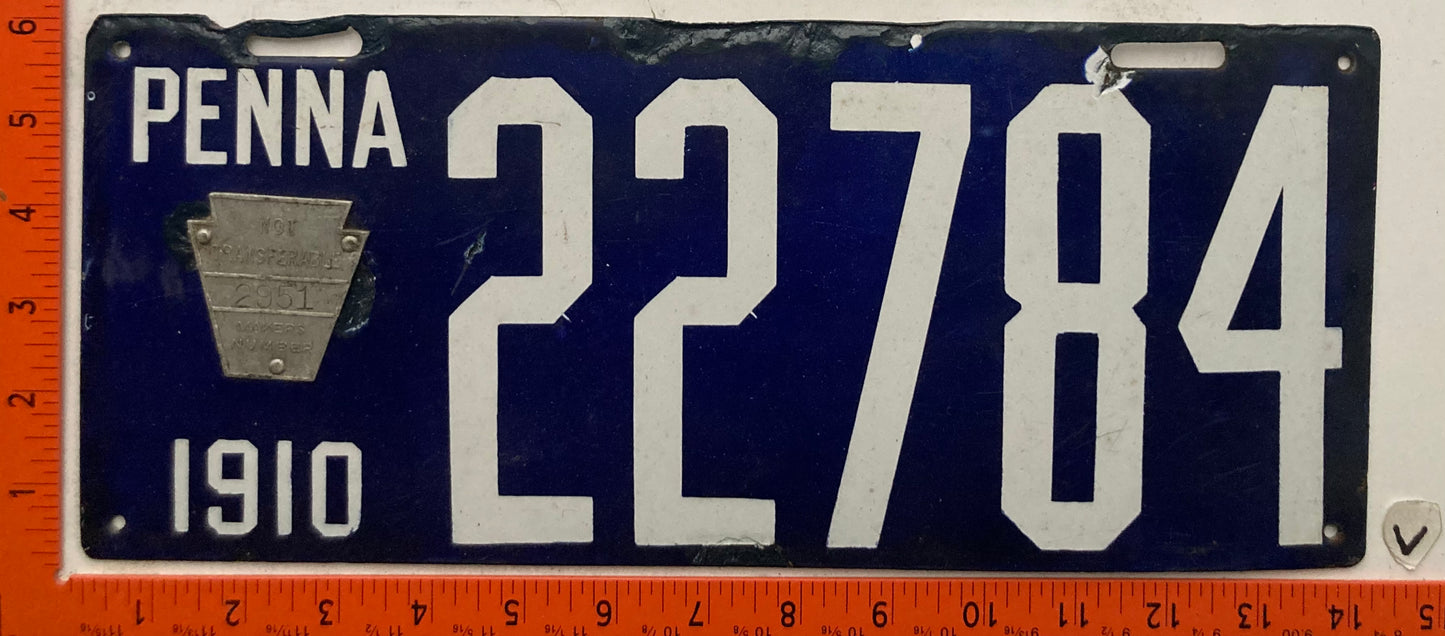 1910 Pennsylvania #22784 Passenger License Plate