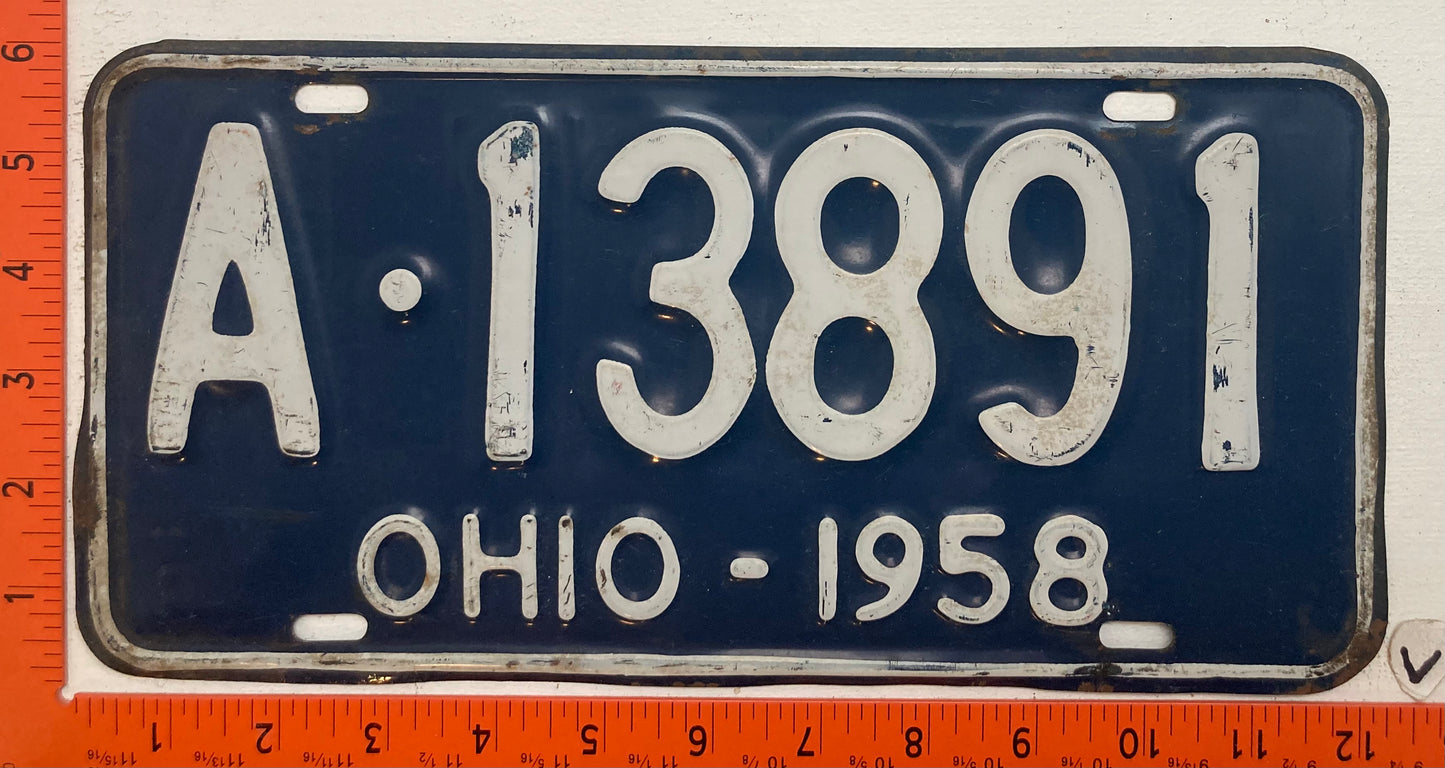 1958 Ohio #A-13891 Passenger License Plate