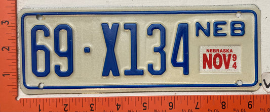 1994 Nebraska #69-X134 Trailer License Plate
