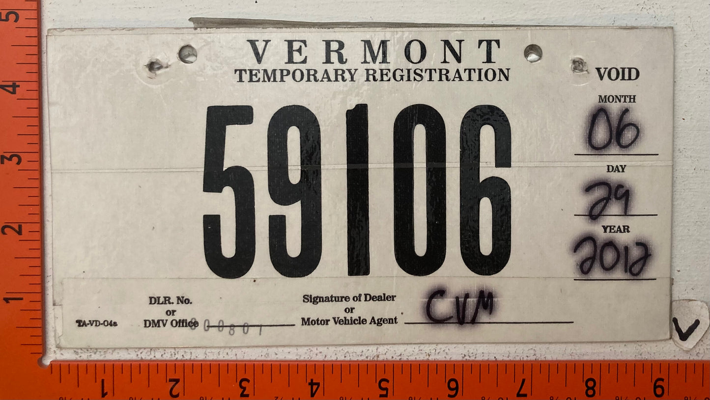 2012 Vermont #58106 Temporary Registration License Plate