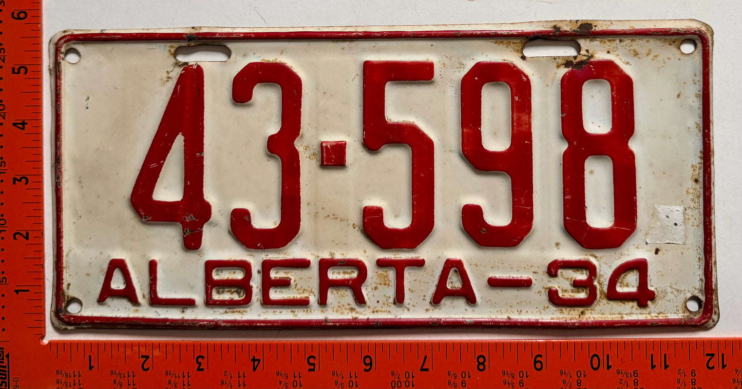 1934 Alberta #43-598 Passenger License Plate