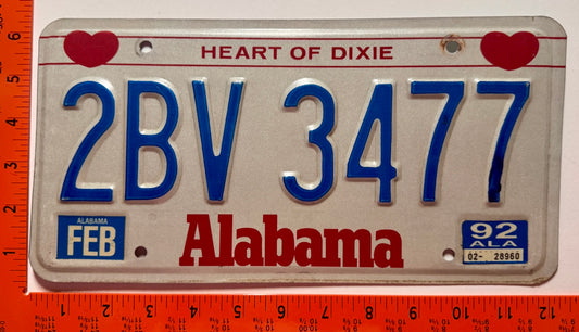 1992 Alabama #2BV3477 Passenger License Plate