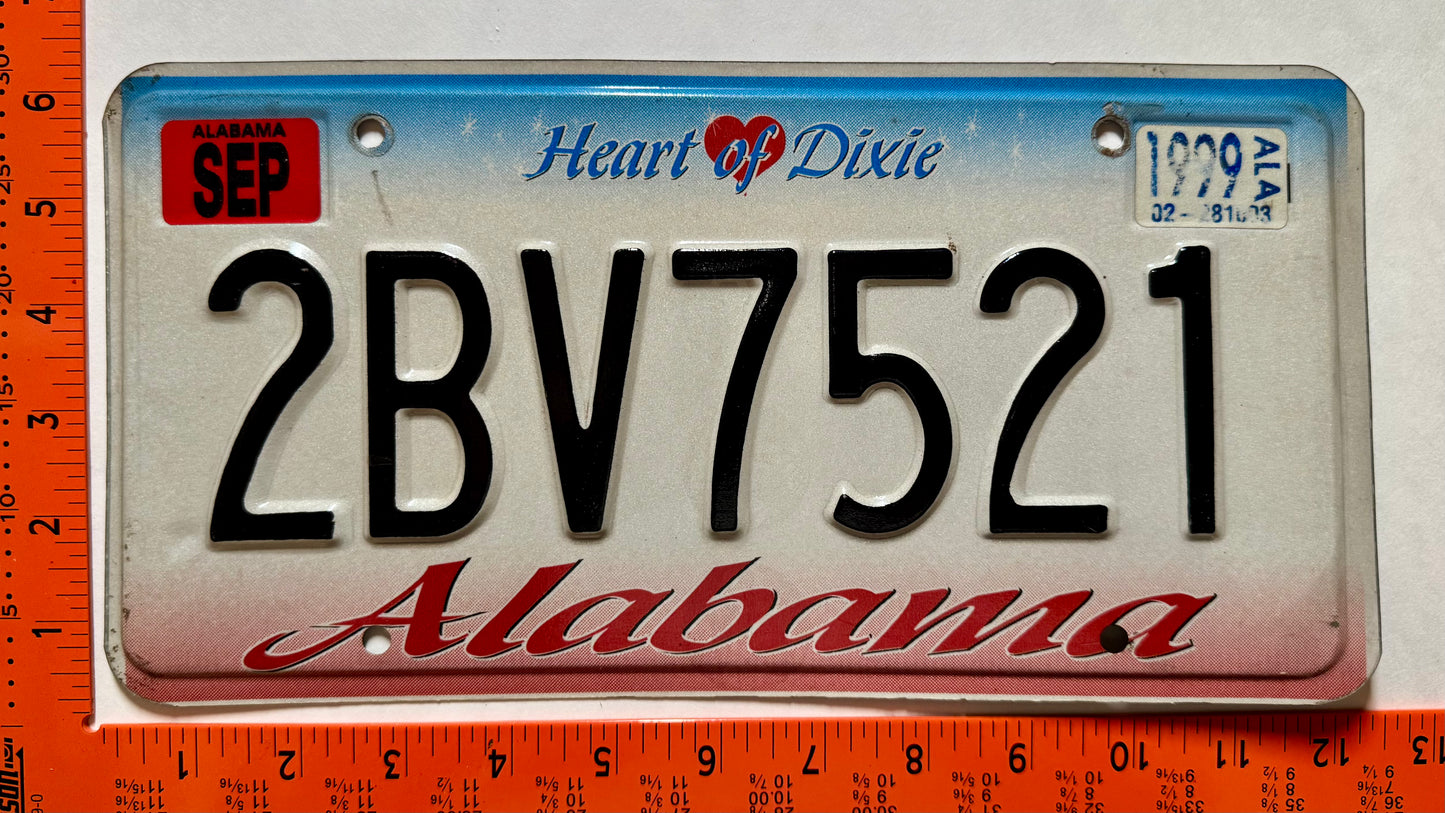 1999 Alabama #2BV7521 Passenger License Plate
