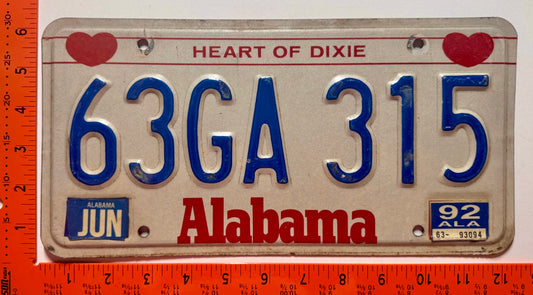 1992 Alabama #63GA315 Passenger License Plate