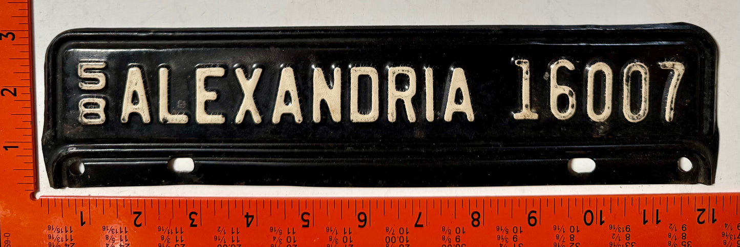 1958 Alexandria, Virginia #16007 License Plate