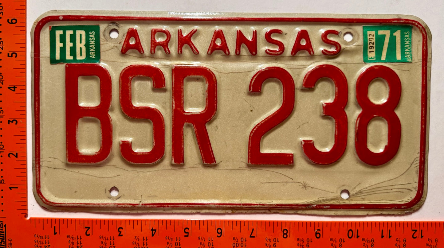 1971 Arkansas #BSR 238 Passenger License Plate