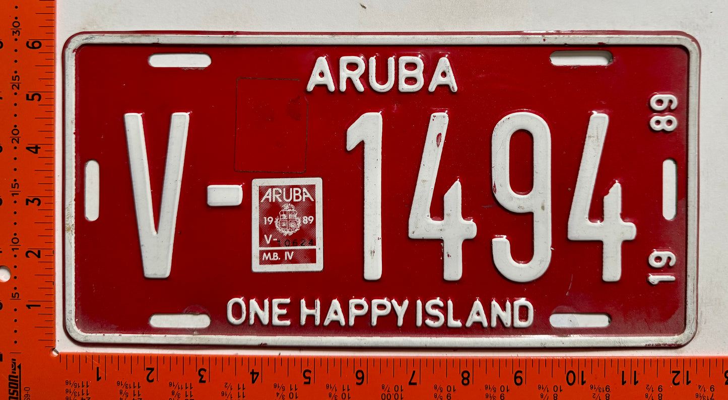 1989 Aruba #V-1494 Rental License Plate