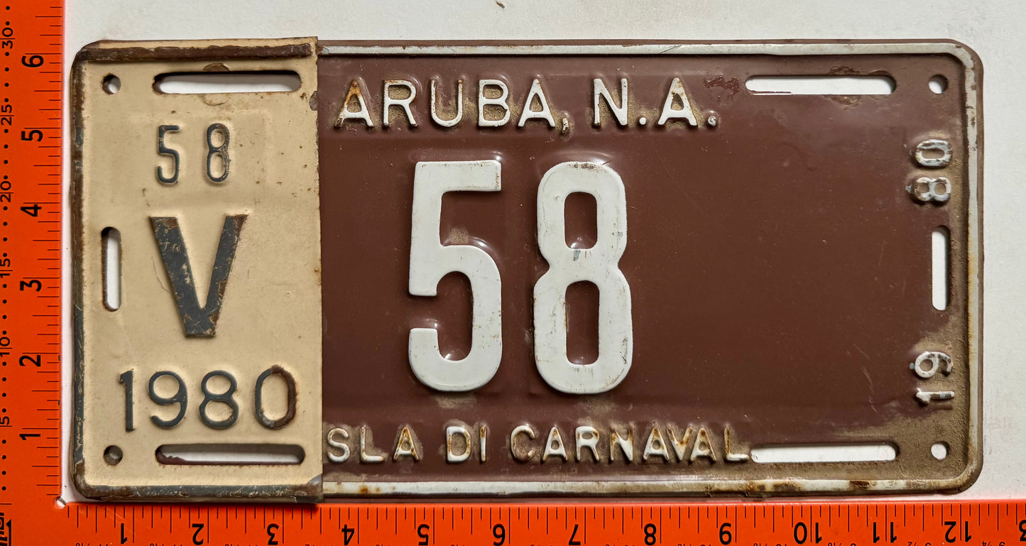 1980 Aruba #V-58 Rental License Plate