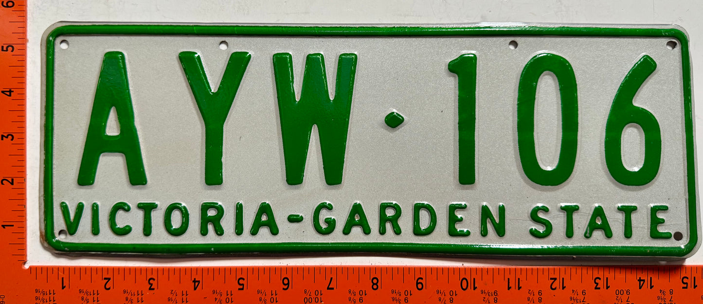 1977 base Victoria, Australia #AYW-106 Passenger License Plate
