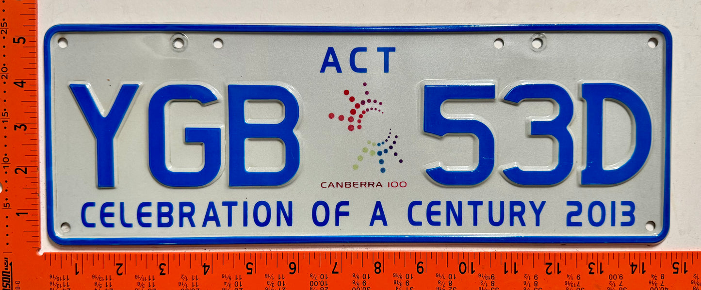 2013 base Australian Capital Territory #YGB 53D Passenger License Plate