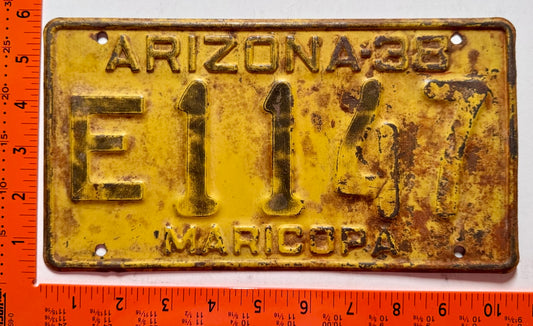 1938 Arizona #E1147 Passenger License Plate