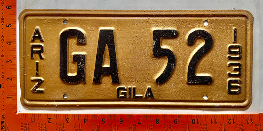 1936 Arizona #GA 52 Passenger License Plate (Repaint)