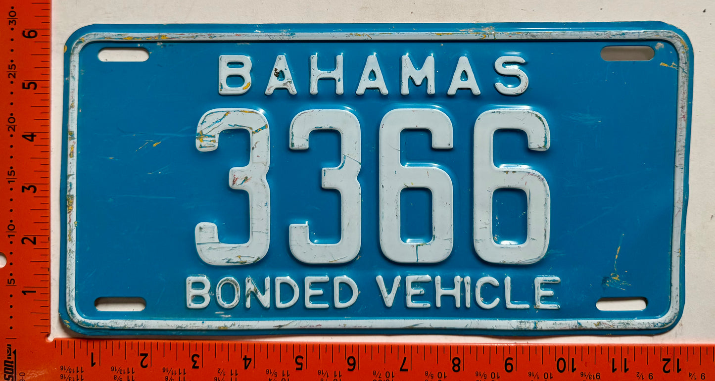 1981 base Bahamas #3366 Bonded Vehicle License Plate