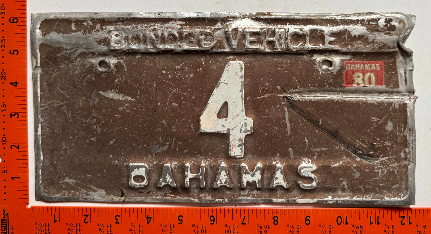 1980 Bahamas #4 Bonded Vehicle License Plate