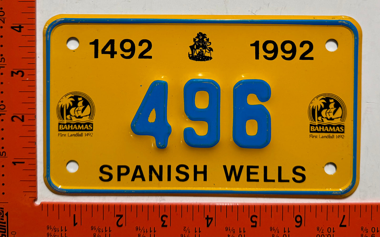 1992 Spanish Wells, Bahamas #496 Motorcycle License Plate