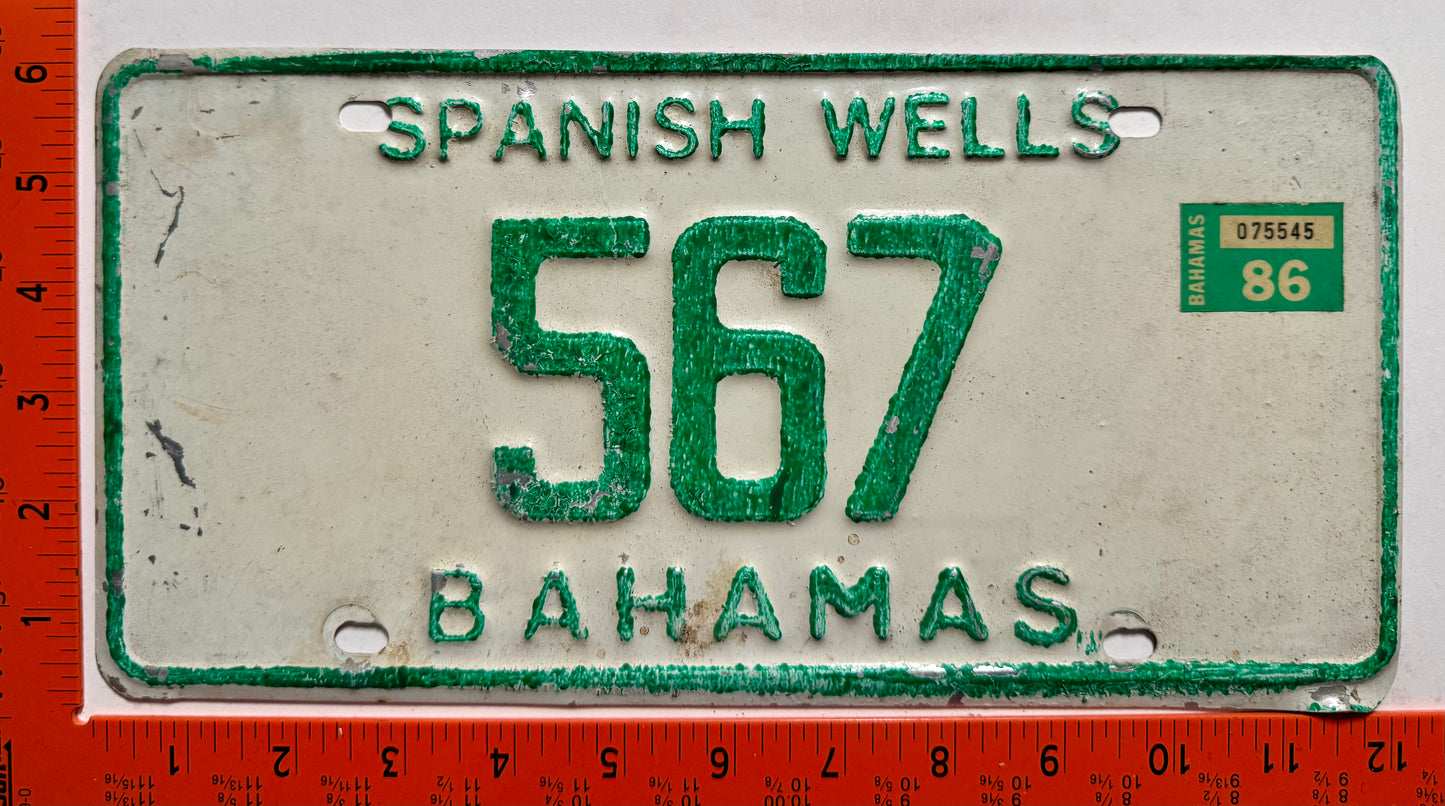 1986 Spanish Wells, Bahamas #567 Passenger License Plate