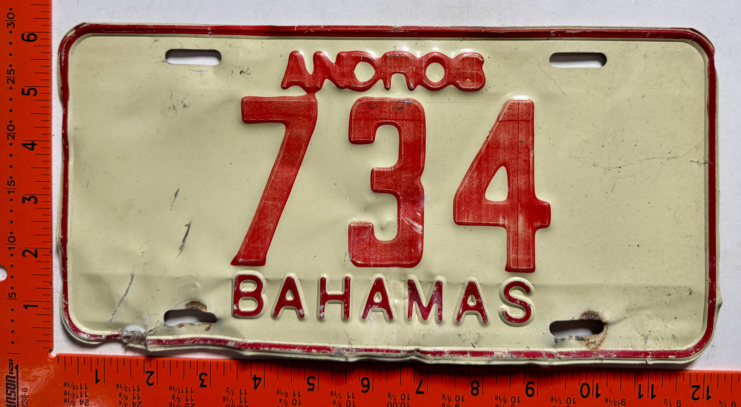 1978 base Andros, Bahamas #734 Passenger License Plate
