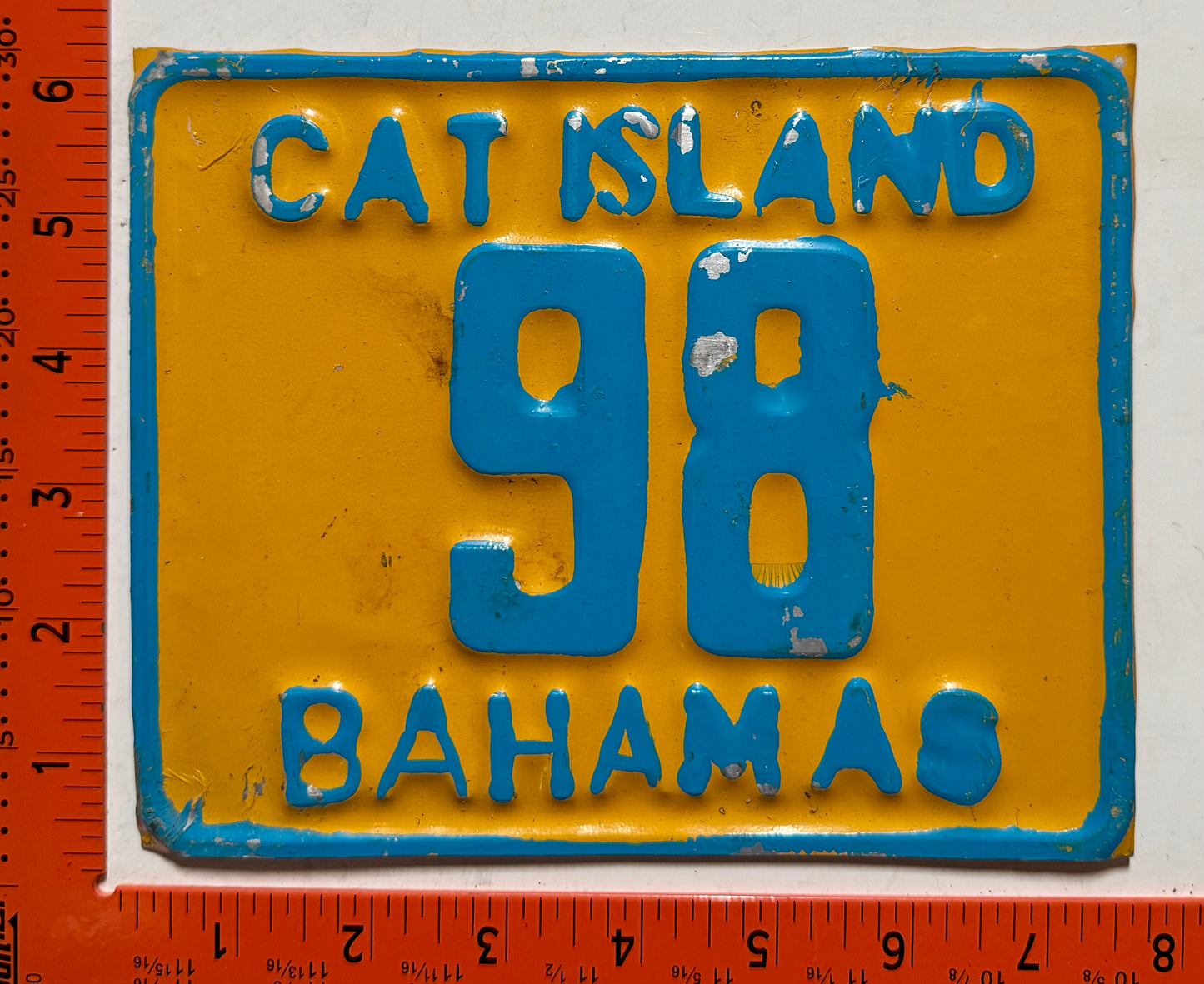 1980 base Cat Island, Bahamas #98 Motorcycle License Plate