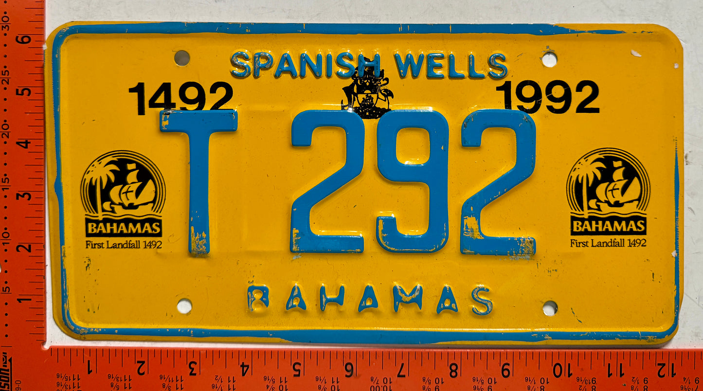 1992 base Spanish Wells, Bahamas #T 292 Truck License Plate