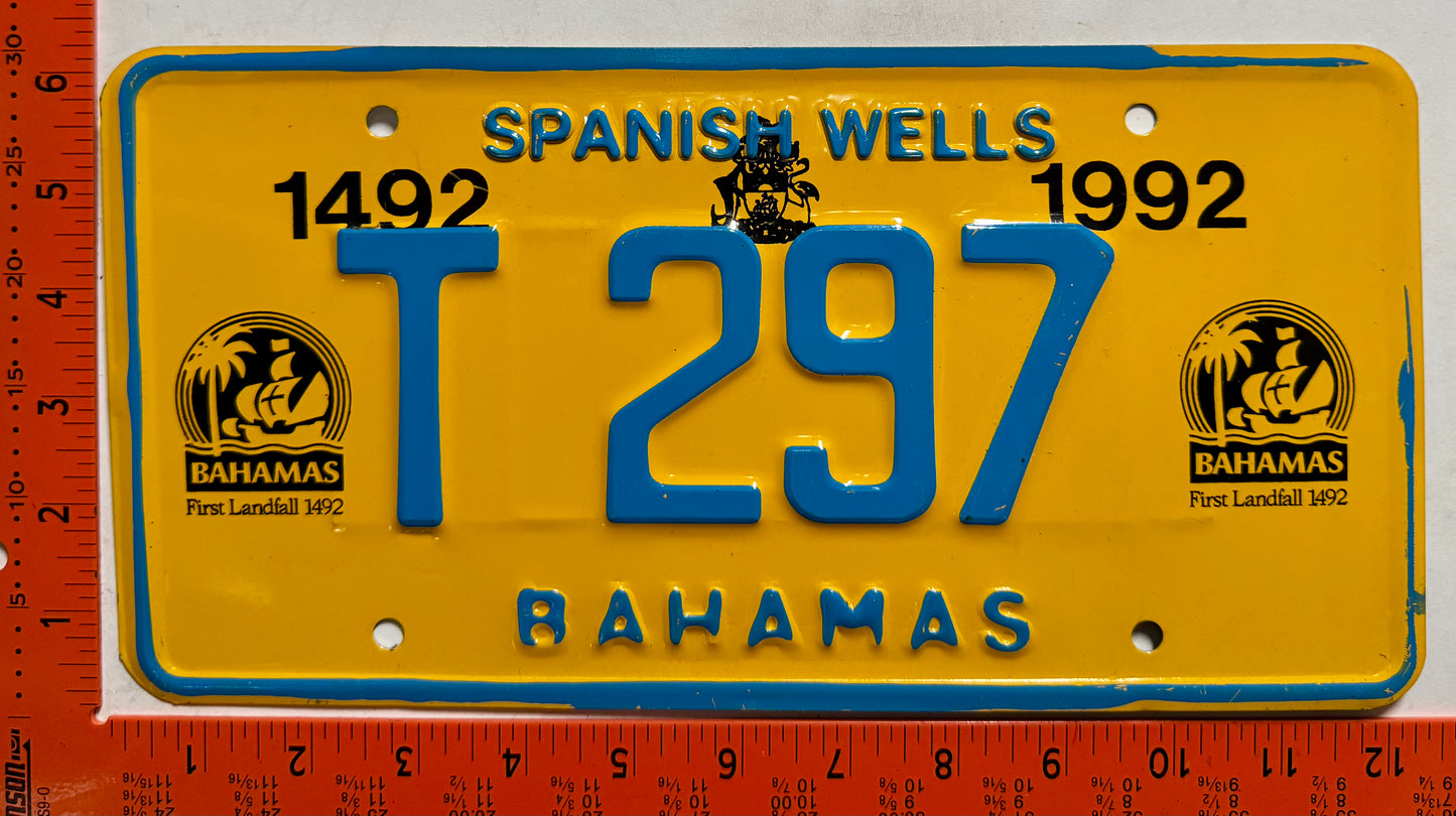 1992 base Spanish Wells, Bahamas #T 297 Truck License Plate