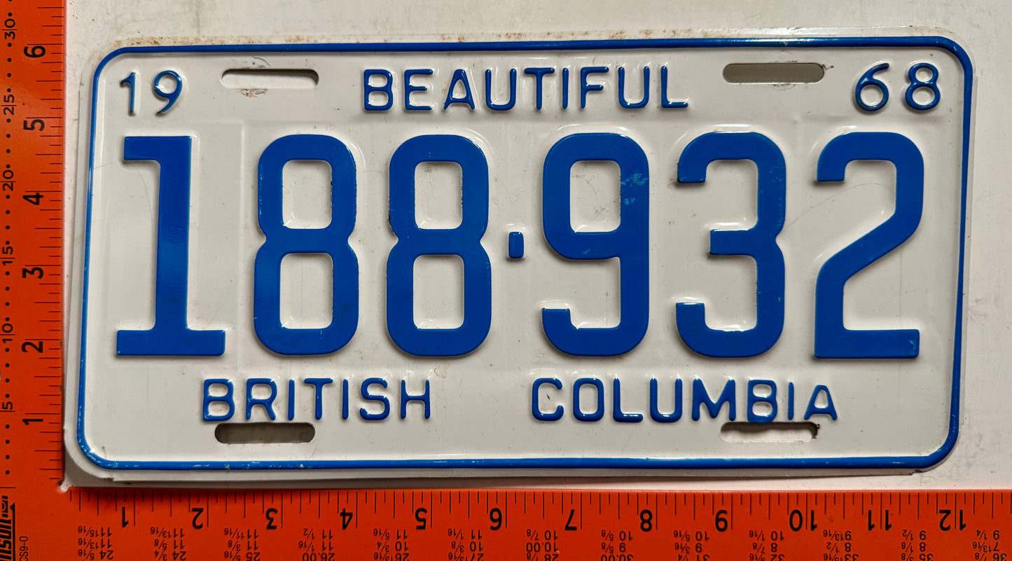 1968 British Columbia #188-932 Passenger License Plate
