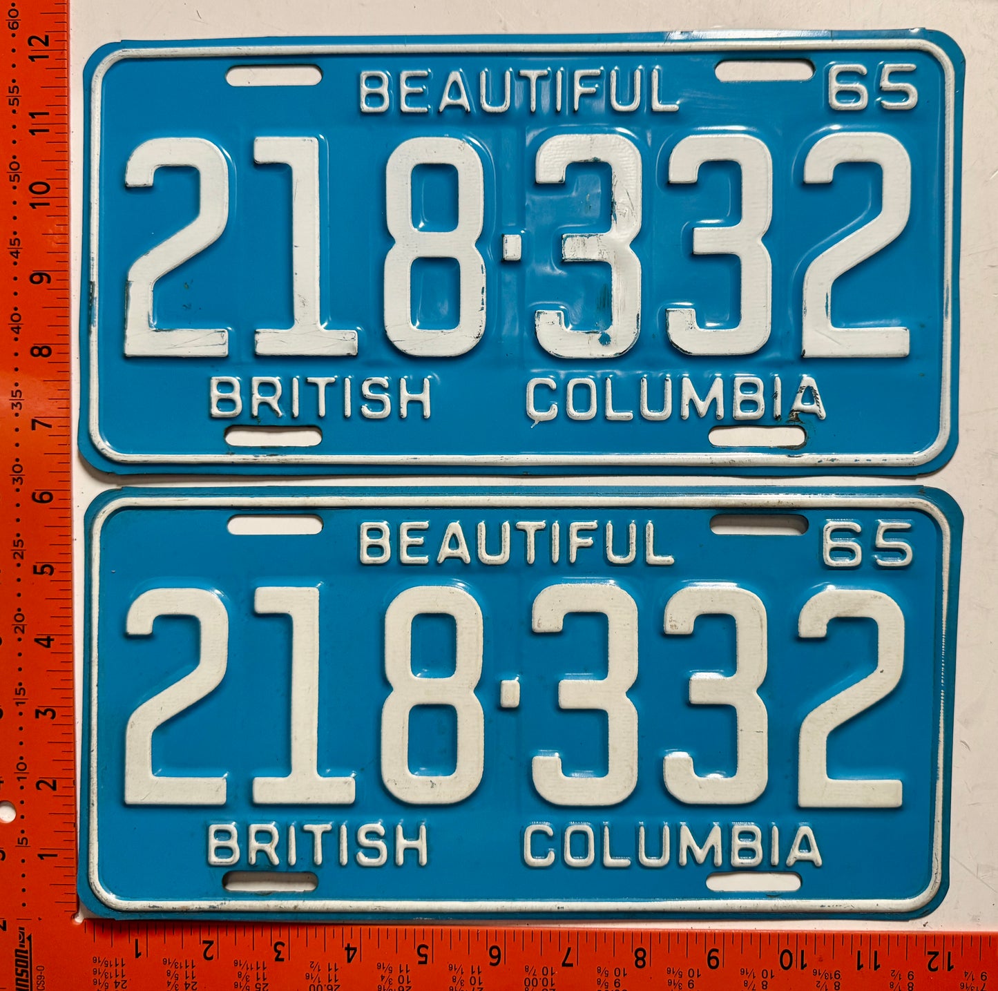 1965 British Columbia #218-332 Passenger License Plate PAIR