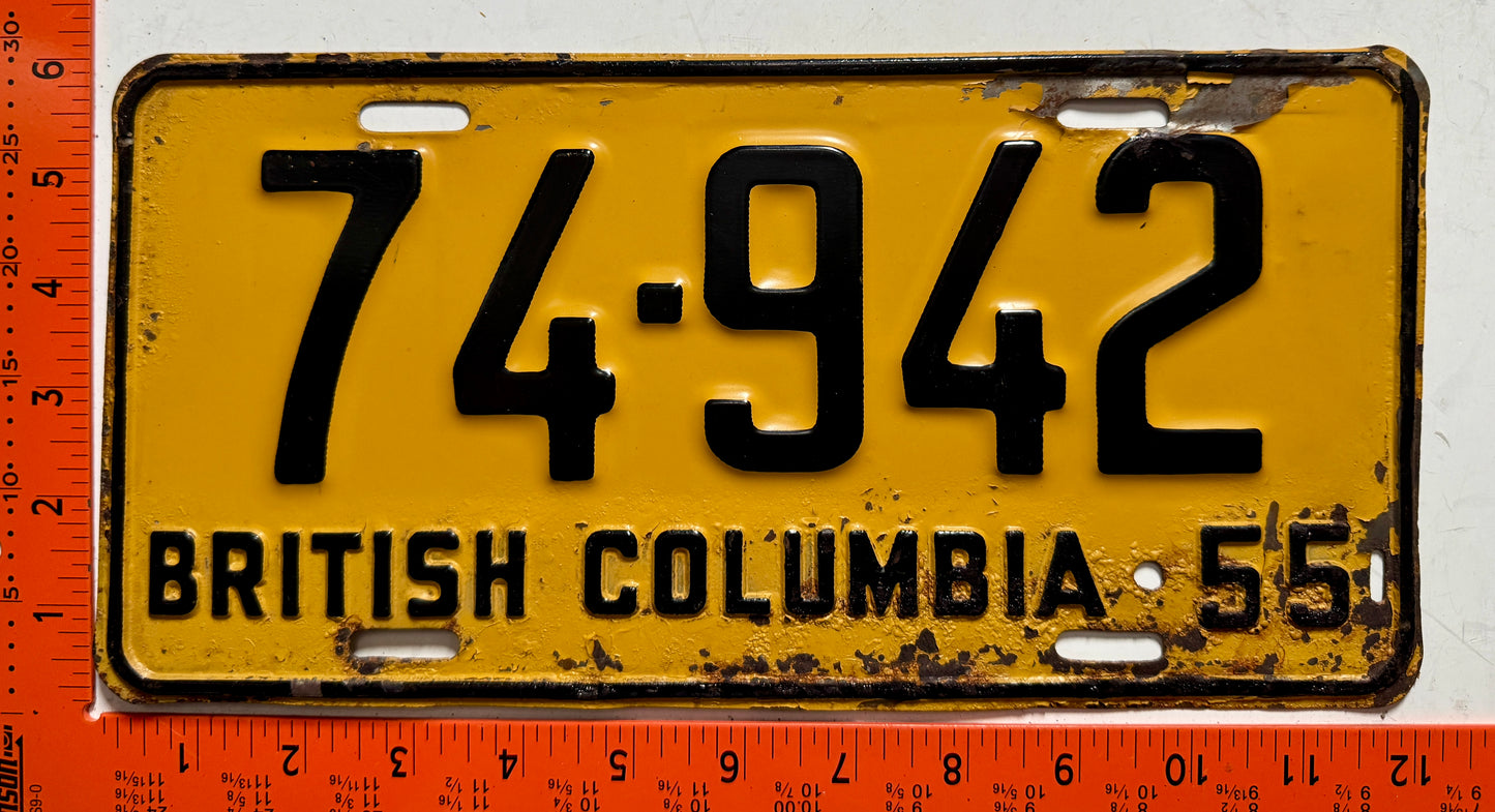 1955 British Columbia #74-942 Passenger License Plate
