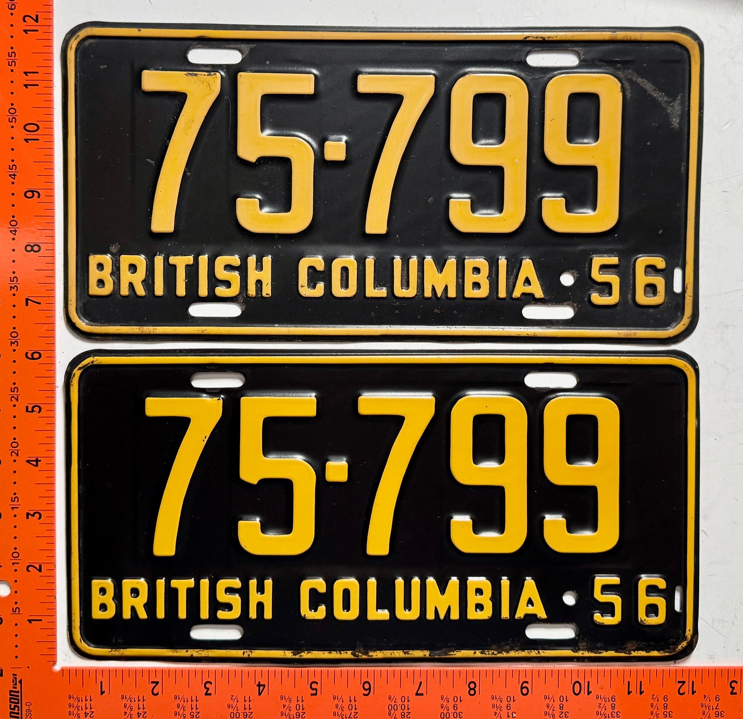 1956 British Columbia #75-799 Passenger License Plate PAIR