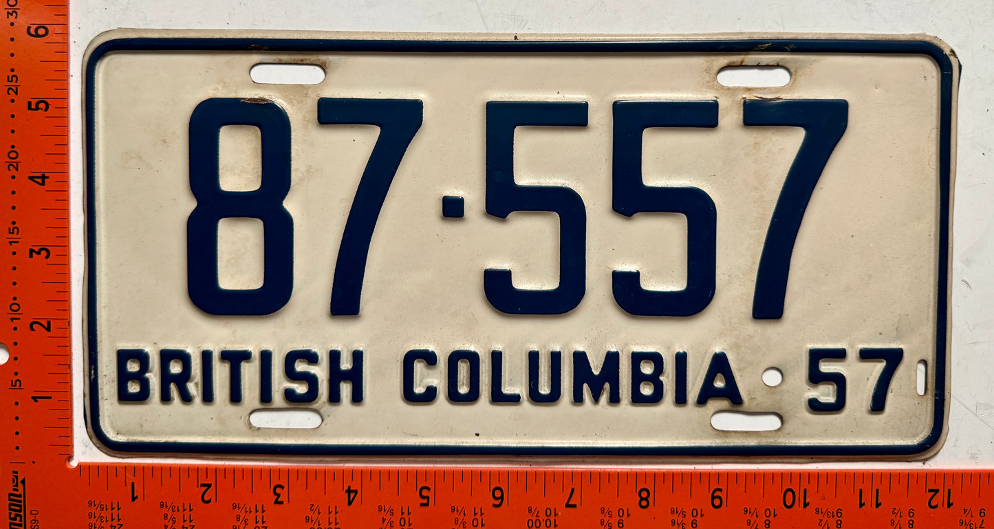 1957 British Columbia #87-557 Passenger License Plate